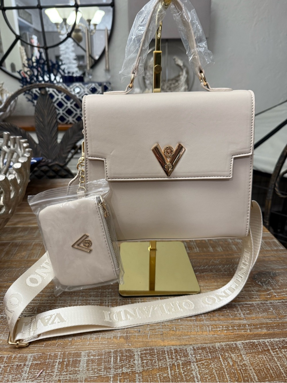 Marino Orlandi Cream Crossbody Bag + Coin Pouch Branded Strap Gold Hardware